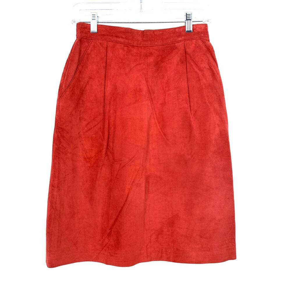 Vintage 80s Suede Leather Pencil Skirt Womens Apx Size 26" US 2 Red Back Zip
